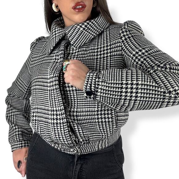 90's black white houndstooth wool blend cropped high neck light jacket - Picture 14 of 16